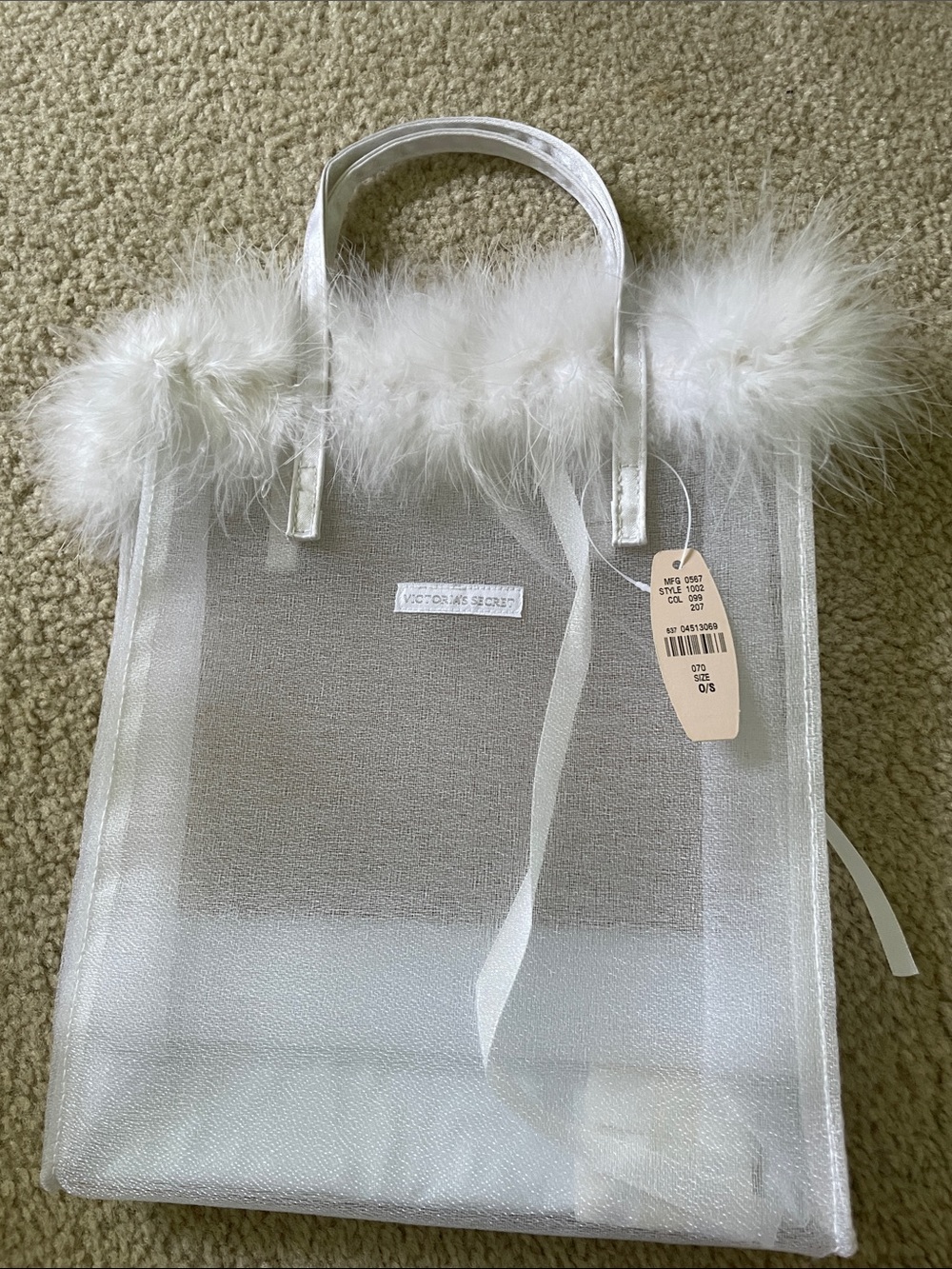 Victoria's Secret White Sheer Tote with Feather Trim and Metallic Handles